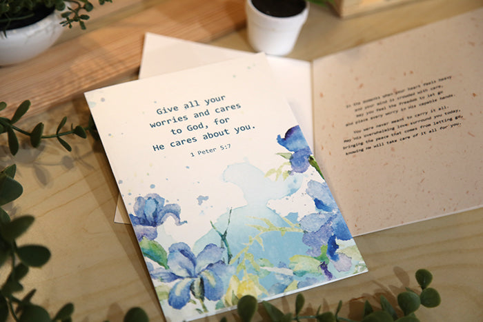 He Cares for You: 1 Peter 5:7 Blue Iris Card