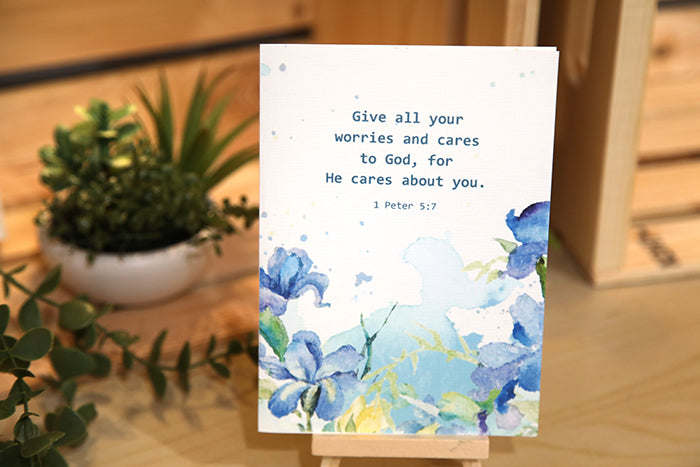 He Cares for You: 1 Peter 5:7 Blue Iris Card