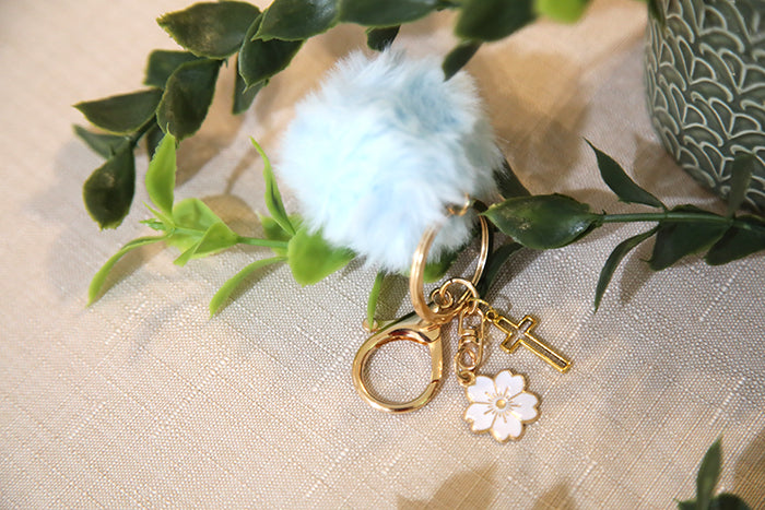 Pom Pom Keychain with Daisy & Cross