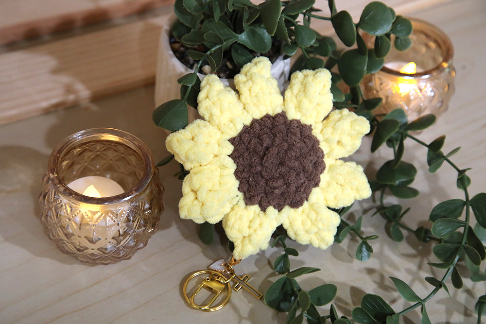 Crochet Sunflower Keychain with Cross & Heart