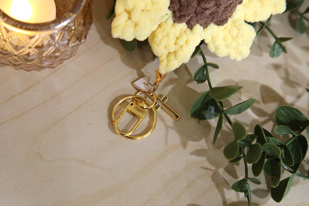 Crochet Sunflower Keychain with Cross & Heart