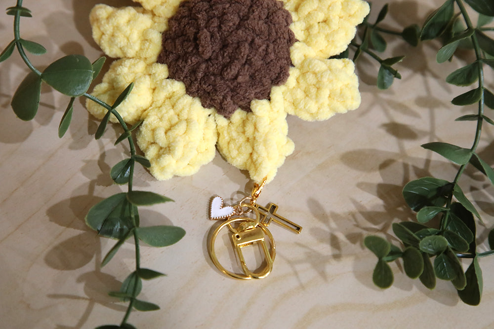 Crochet Sunflower Keychain with Cross & Heart