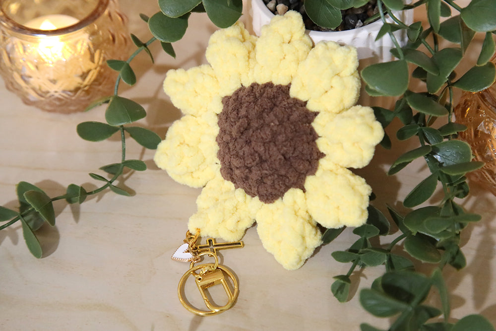 Crochet Sunflower Keychain with Cross & Heart