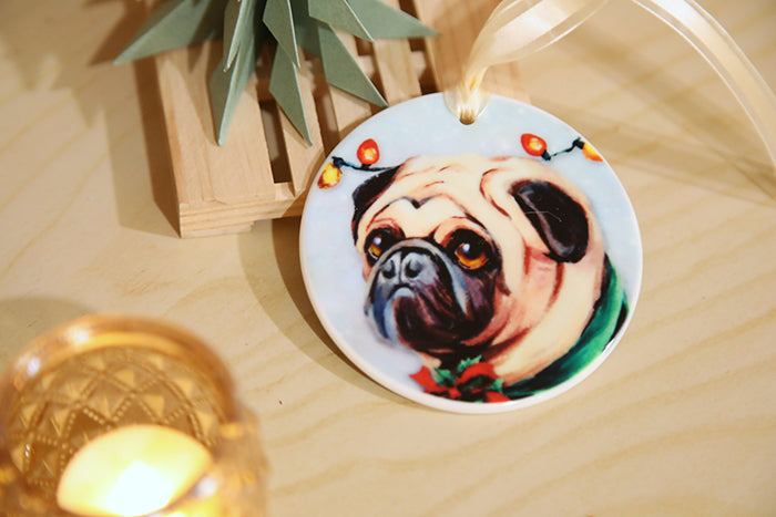 Cozy Pup Christmas Ceramic Ornament